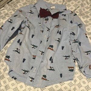 Old Navy Blue and Red Button Down Shirt with Holiday Print and Bow tie - 2T